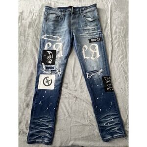 GALA Mens Jeans 36 Blue Graphic Patch Distressed Skinny Streetwear Paint Splat